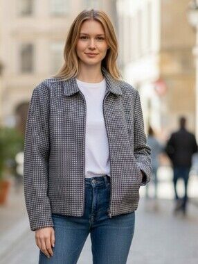 Lauren Ralph Lauren Lamswool Houndstooth Zip Jacket - Black & Gray
